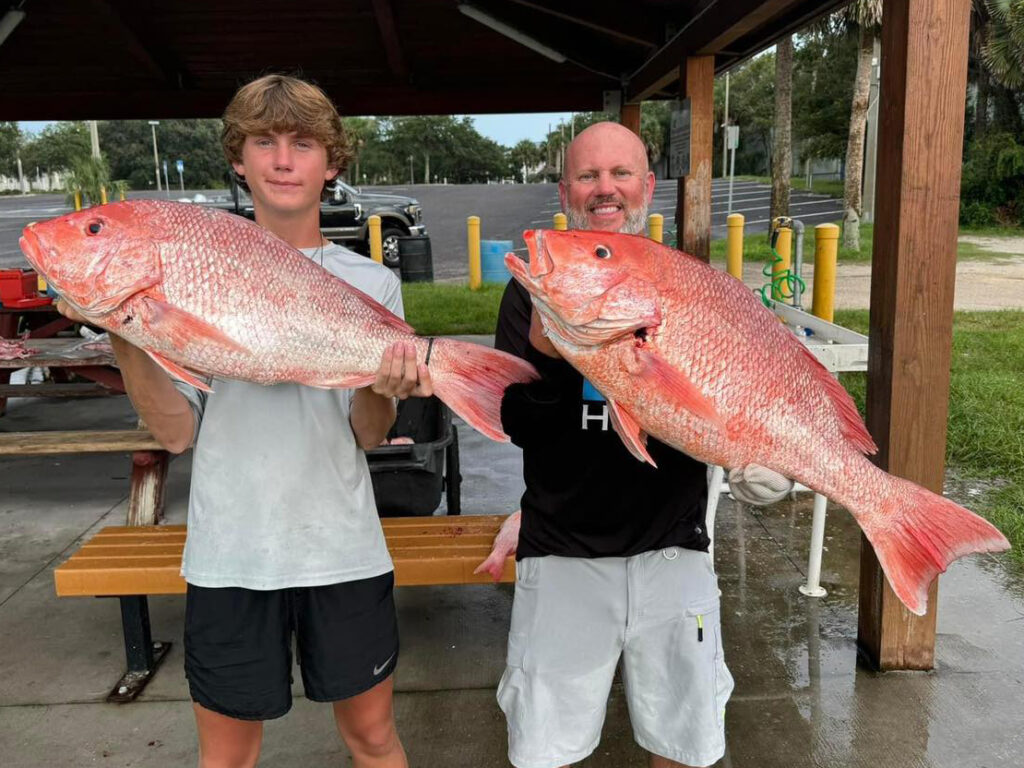 Two men hold large American snapper on land.