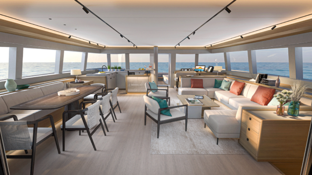 Lagoon Eighty2 offers a spacious saloon, flybridge, and hull door terrace from the master cabin