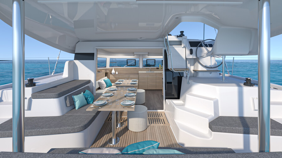 External and internal tables of Lagoon 38 can be combined, creating a single open space that seamlessly extends from stern to bow, with a 360° view of the sea.