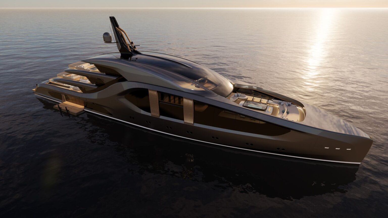 Aurora yacht concept by North West Boatworks featuring curved glass surfaces, elegant design, and spacious decks at sunset on calm waters.