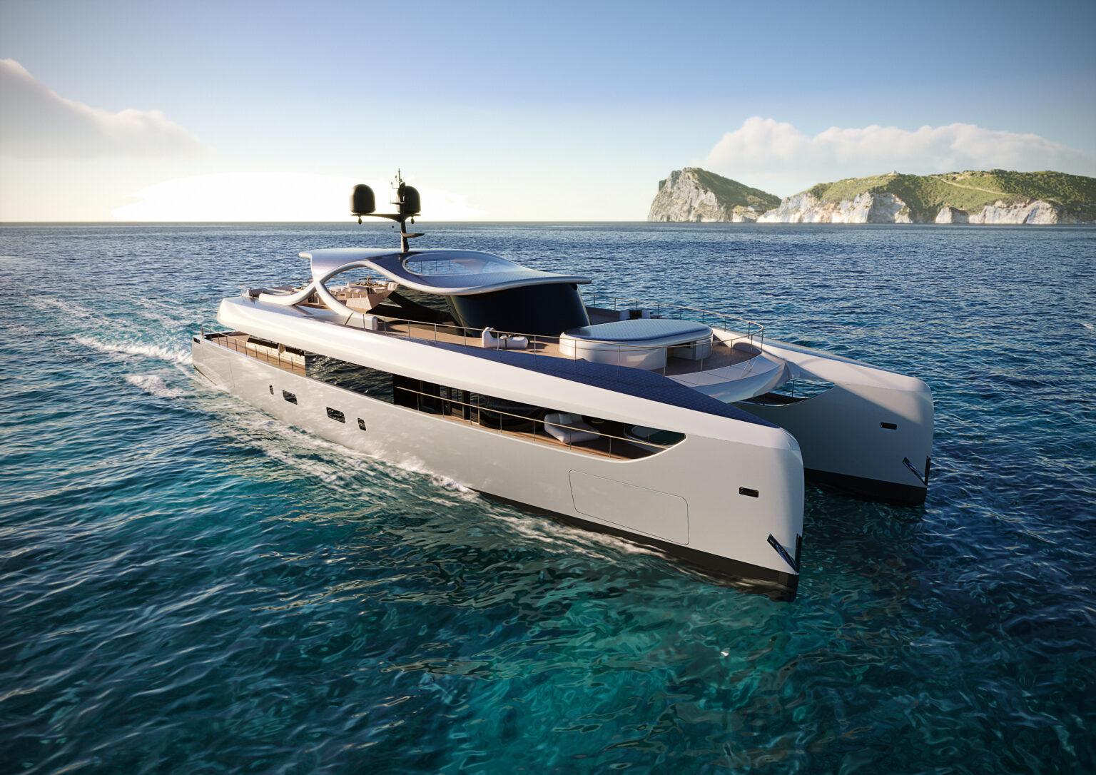 Rossinavi SOLSEA hybrid-electric catamaran cruising in open waters, showcasing its sleek design, eco-friendly technology, and luxurious features.