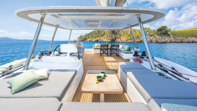 The Lagoon 60’s main saloon offers vast living space, also visible on the flybridge.