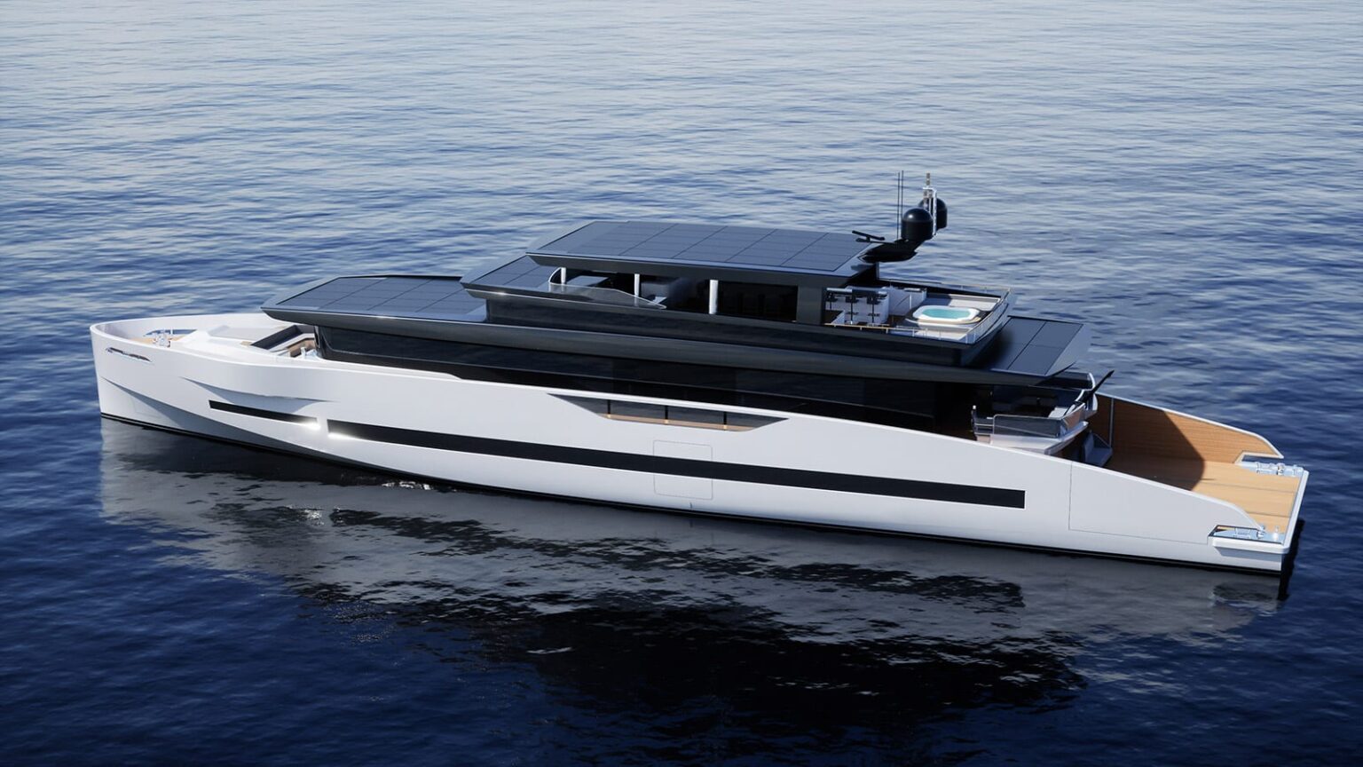 GX Superyacht featuring sleek hybrid design, expansive solar panels, and luxurious amenities cruising on calm waters.