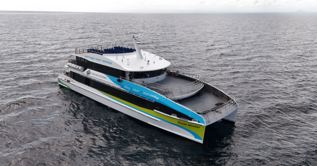 Ocean Master 32-meter catamaran delivered by Austal Philippines, sailing on open waters for Rottnest Fast Ferries service.