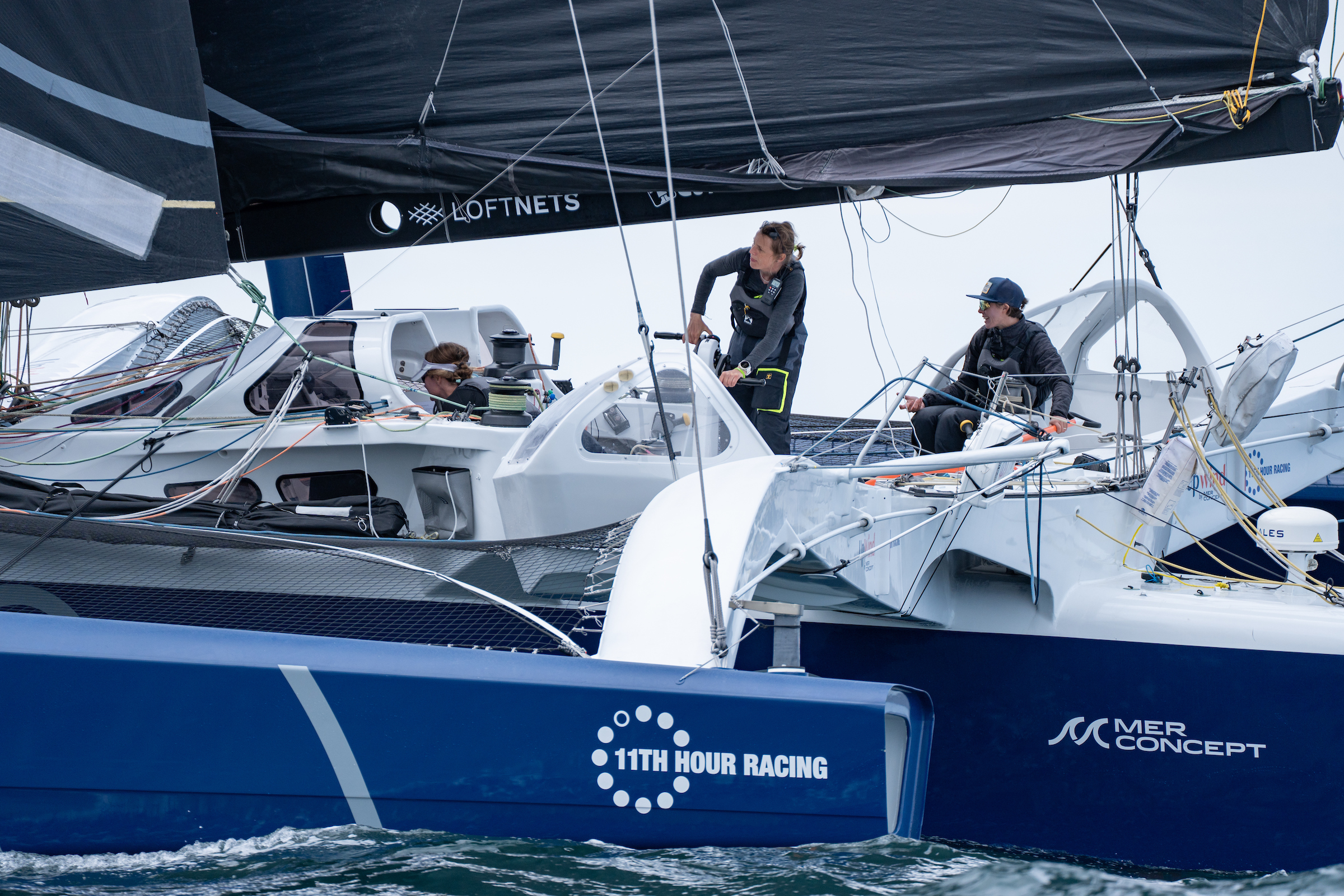 Francesca, Anne-Claire and Elodie onboard the Ocean Fifty UpWind by MerConcept during a race 