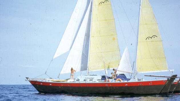 A catamaran yacht with a double hull sailing