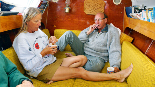 Hanneke Boon and James Wharram relaxing on a boat